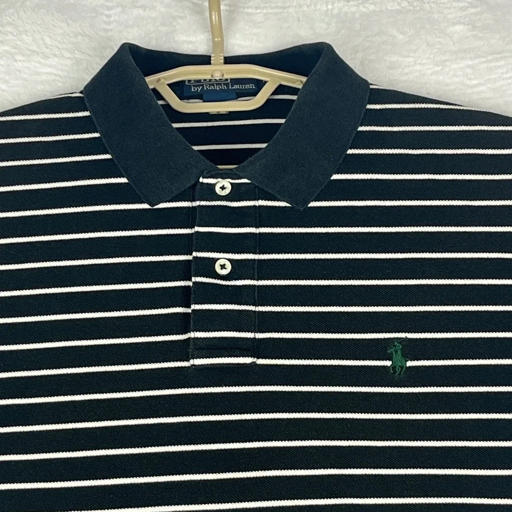 Polo Ralph Lauren Polo Shirt‎ Mens XL Navy Blue White Striped Pique Short Sleeve